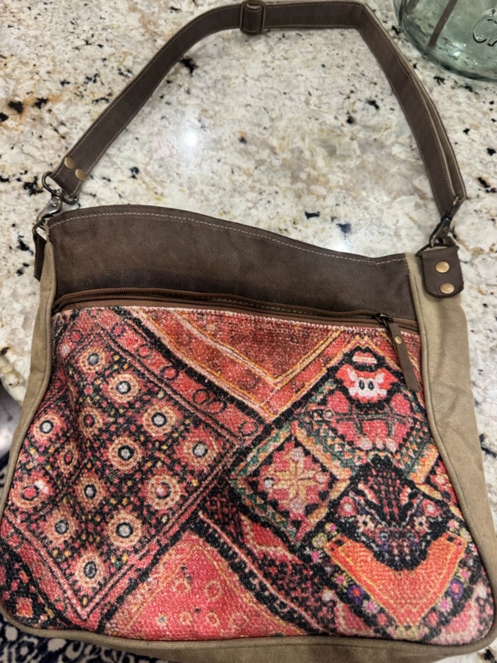 MYRA - Luguni - Boho Patchwork Crossbody Bag in Coral and Brown